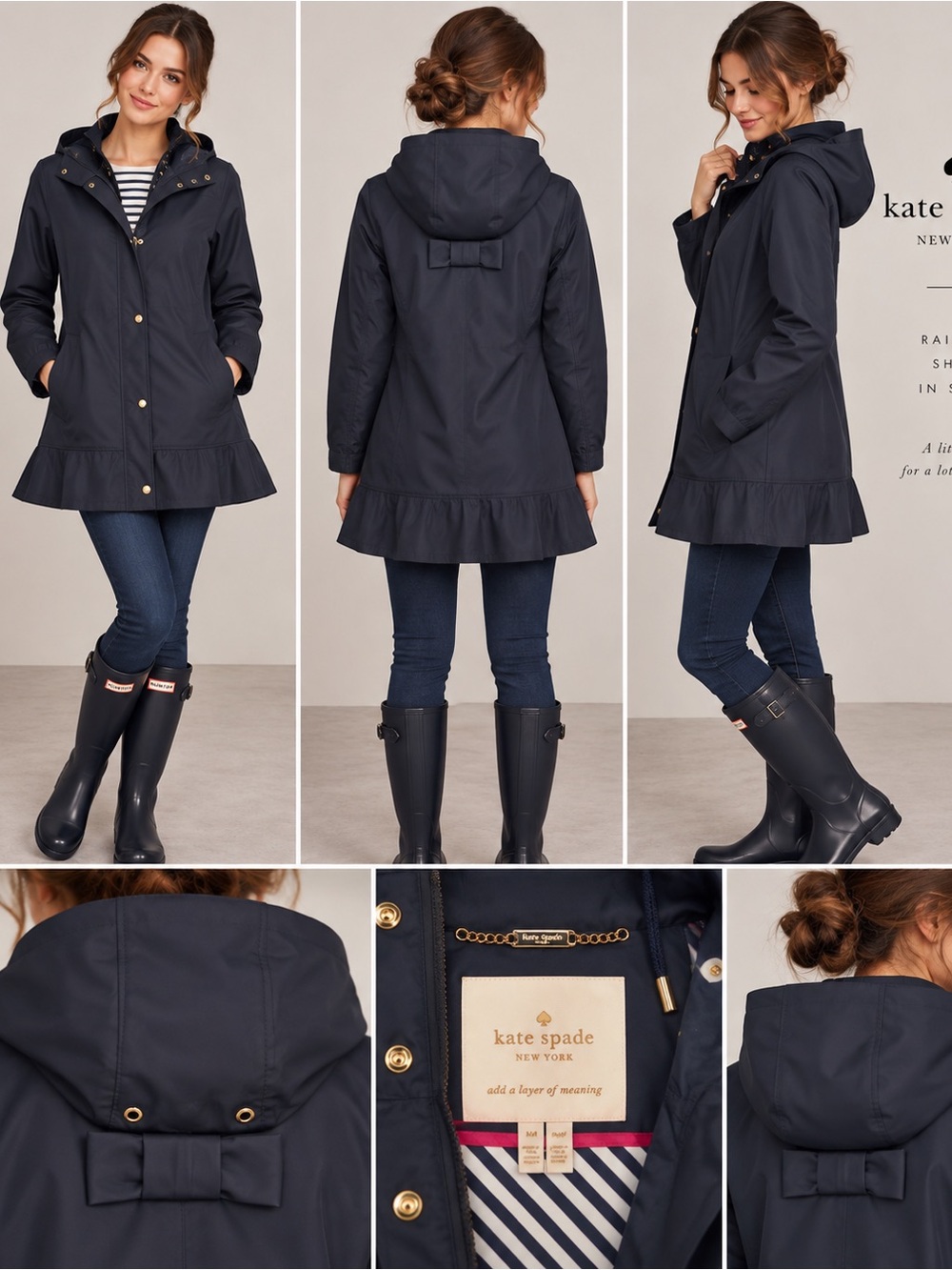 Kate Spade Navy Hooded Ruffle Hem Raincoat Trench Jacket M